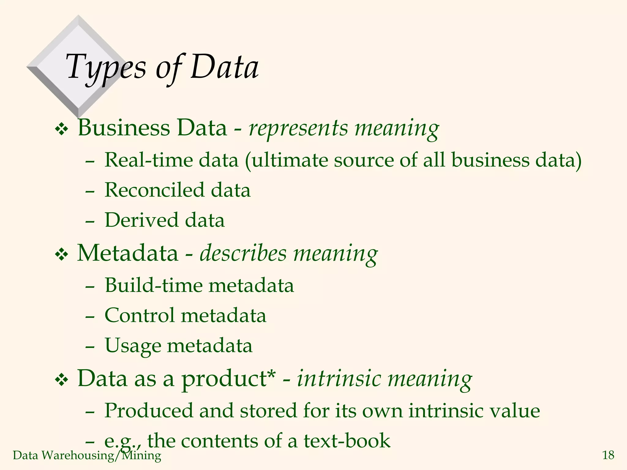 Data Warehousing/Mining 18
Types of Data
 Business Data - represents meaning
– Real-time data (ultimate source of all business data)
– Reconciled data
– Derived data
 Metadata - describes meaning
– Build-time metadata
– Control metadata
– Usage metadata
 Data as a product* - intrinsic meaning
– Produced and stored for its own intrinsic value
– e.g., the contents of a text-book
 