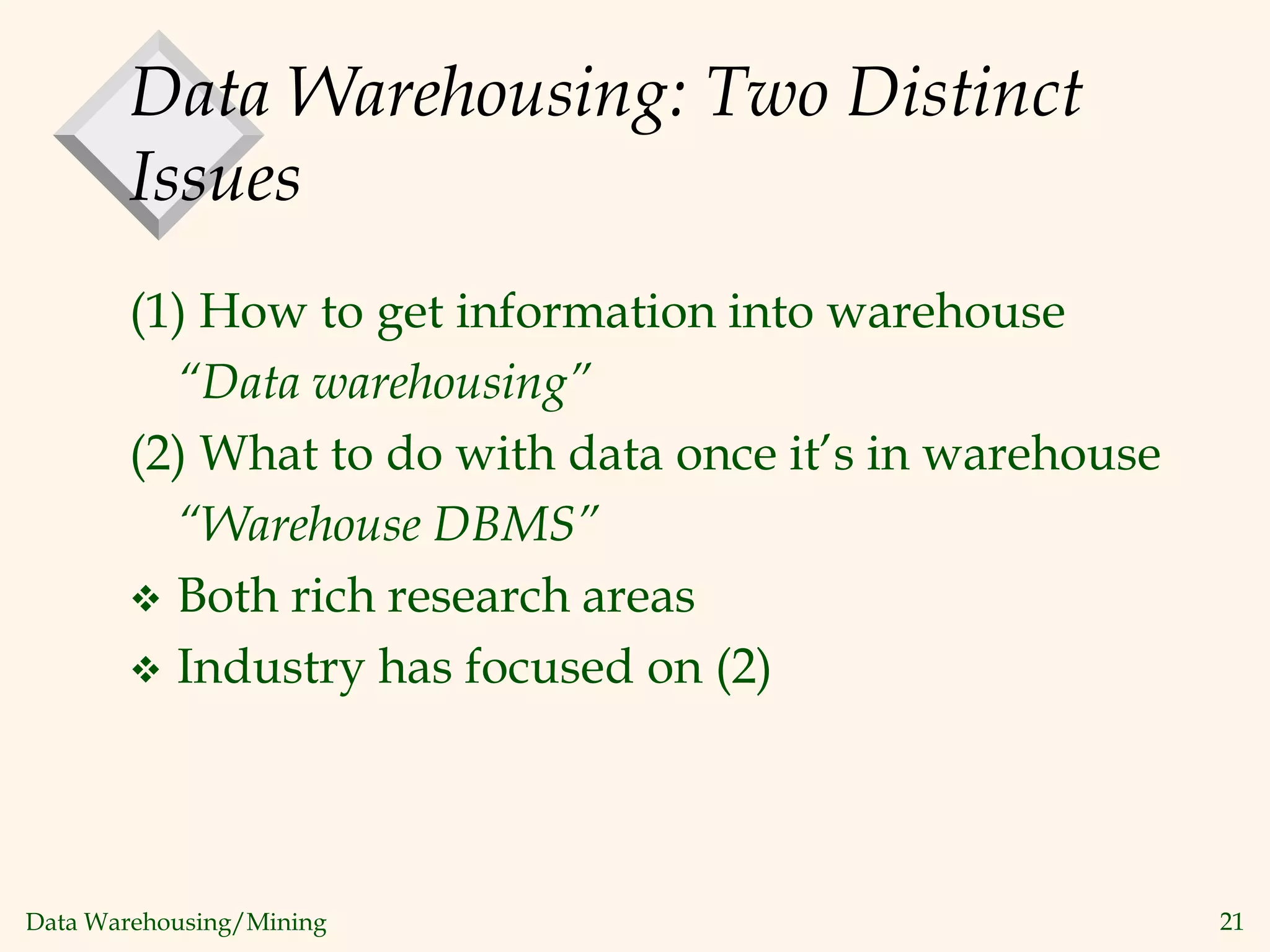 Data Warehousing/Mining 21
Data Warehousing: Two Distinct
Issues
(1) How to get information into warehouse
“Data warehousing”
(2) What to do with data once it’s in warehouse
“Warehouse DBMS”
 Both rich research areas
 Industry has focused on (2)
 