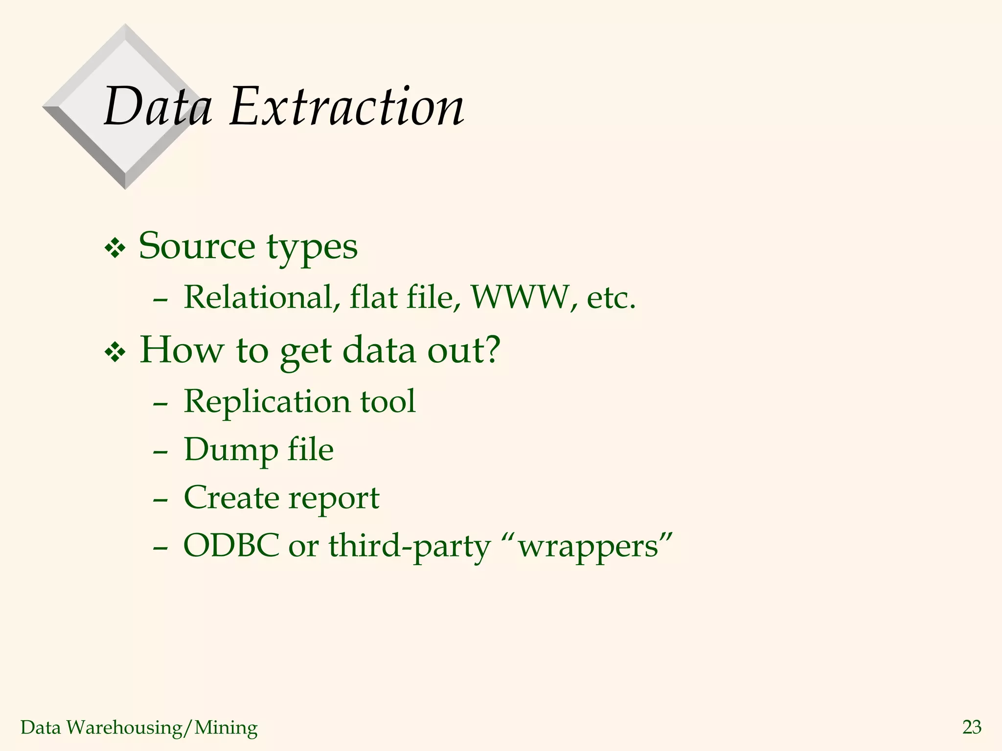 Data Warehousing/Mining 23
Data Extraction
 Source types
– Relational, flat file, WWW, etc.
 How to get data out?
– Replication tool
– Dump file
– Create report
– ODBC or third-party “wrappers”
 