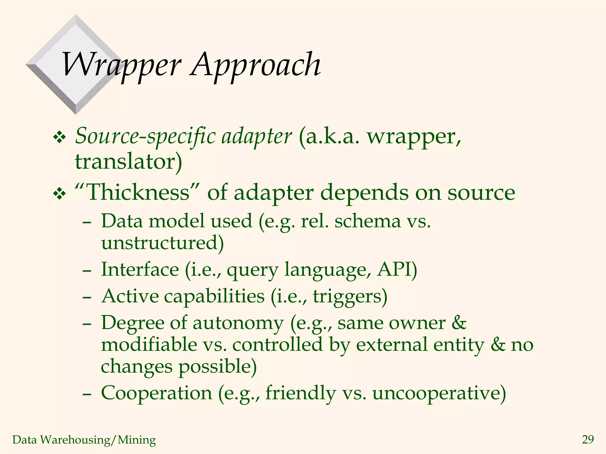 Data Warehousing/Mining 29
Wrapper Approach
 Source-specific adapter (a.k.a. wrapper,
translator)
 “Thickness” of adapter depends on source
– Data model used (e.g. rel. schema vs.
unstructured)
– Interface (i.e., query language, API)
– Active capabilities (i.e., triggers)
– Degree of autonomy (e.g., same owner &
modifiable vs. controlled by external entity & no
changes possible)
– Cooperation (e.g., friendly vs. uncooperative)
 