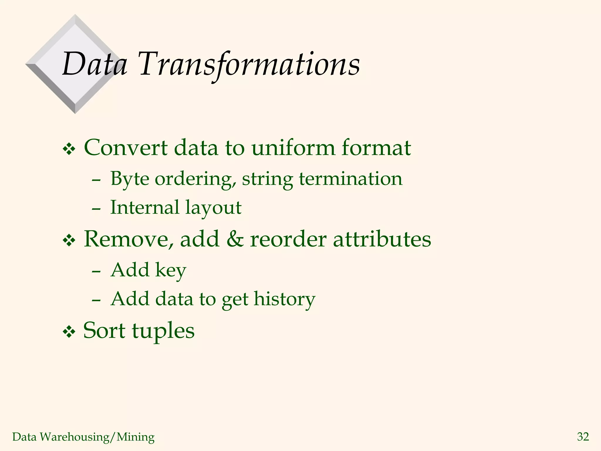 Data Warehousing/Mining 32
Data Transformations
 Convert data to uniform format
– Byte ordering, string termination
– Internal layout
 Remove, add & reorder attributes
– Add key
– Add data to get history
 Sort tuples
 