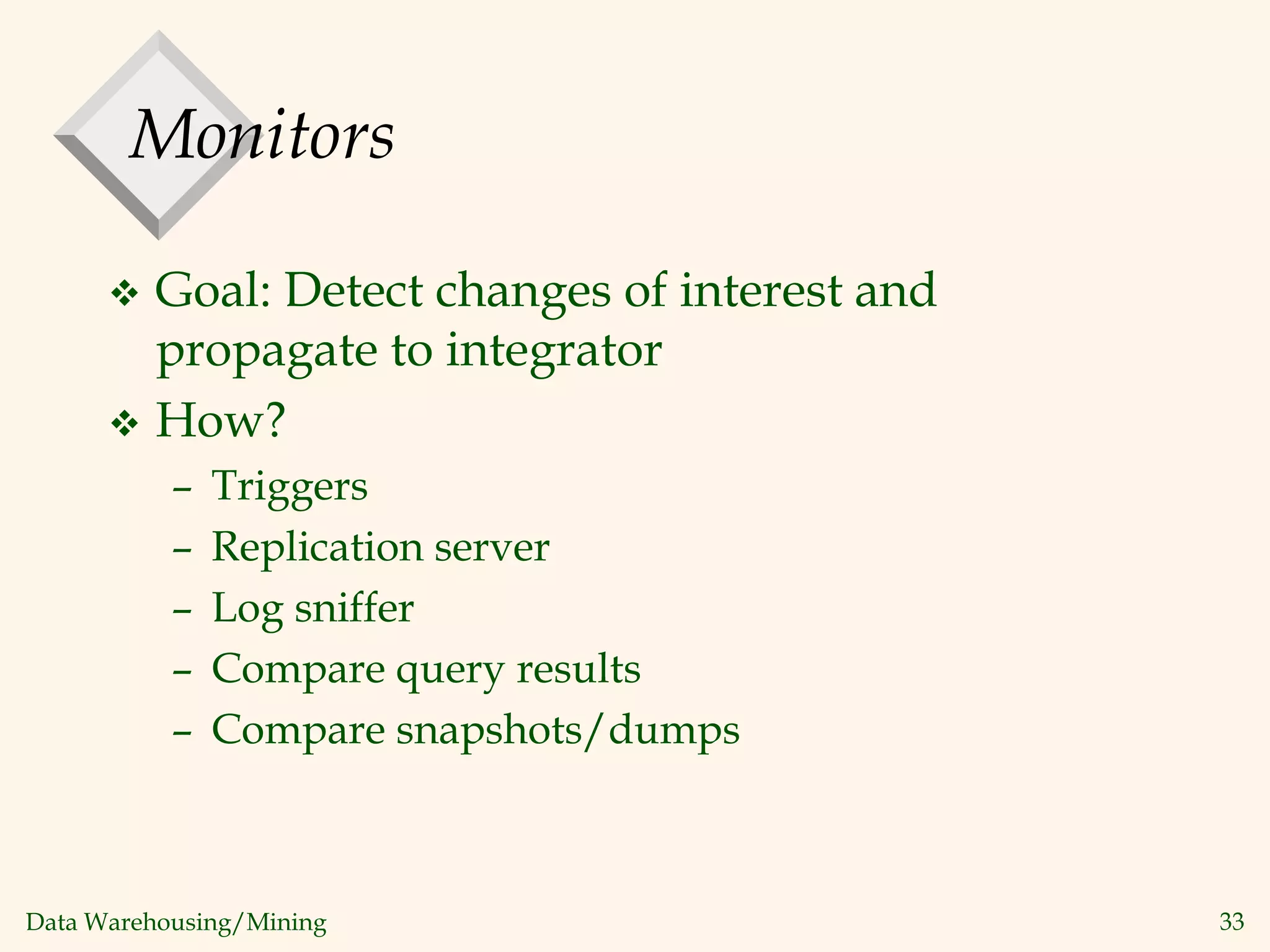 Data Warehousing/Mining 33
Monitors
 Goal: Detect changes of interest and
propagate to integrator
 How?
– Triggers
– Replication server
– Log sniffer
– Compare query results
– Compare snapshots/dumps
 