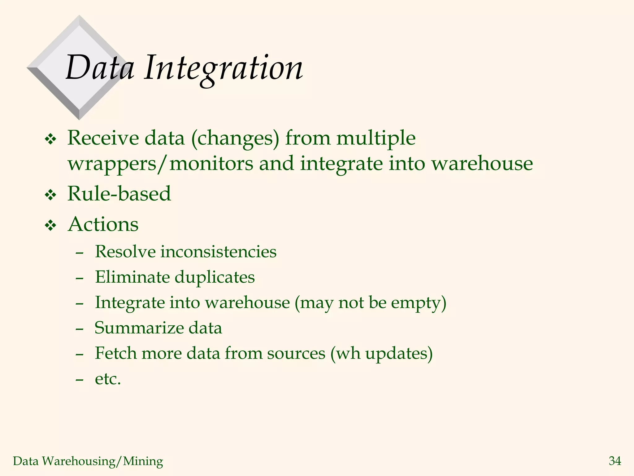 Data Warehousing/Mining 34
Data Integration
 Receive data (changes) from multiple
wrappers/monitors and integrate into warehouse
 Rule-based
 Actions
– Resolve inconsistencies
– Eliminate duplicates
– Integrate into warehouse (may not be empty)
– Summarize data
– Fetch more data from sources (wh updates)
– etc.
 