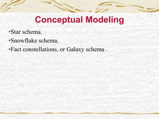 Conceptual Modeling
•Star schema.
•Snowflake schema.
•Fact constellations, or Galaxy schema .
 