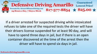 If a driver arrested for suspected driving while intoxicated
refuses to take one of the required tests the driver will have
their drivers license suspended for at least 90 day, and will
have to spend three days in jail, but if there is an open
container discovered at the time of the arrest then the
driver will have to spend six days in jail.
 