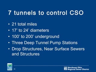 7 tunnels to control CSO
•   21 total miles
•   17’ to 24’ diameters
•   100’ to 200’ underground
•   Three Deep Tunnel Pump Stations
•   Drop Structures, Near Surface Sewers
    and Structures


    45
 