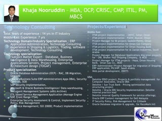 Khaja Nooruddin – MBA, OCP, CRISC, CMP, ITIL, PM,
MBCS
Technology Consulting
Total Years of experience : 14 yrs in IT Industry
Middle East Experience: 7 yrs
Technology Domain/industry Specialization : ERP
Application Administration, Technology Consulting
experience in Shipping & Logistics, Trading, software
development, Technology Consulting.
Technology specialization:
Subject Matter Expert – Database, Business
Intelligence & Data Warehousing, Enterprise
Applications Servers, Project management, Enterprise
Architecture design (TOGAF)
Product specialization
 Oracle Database Administration (OCP) – RAC, DB Migration,
Upgrade
 Oracle eBusiness Suite ERP Administration( Apps DBA), Security
Controls, SOD
 SAP Security Implementation,
 Microsoft & Oracle Business Intelligence/ Data warehousing,
 Document Management Systems (eBiz Archive)
 ITIL based Service Management Application (Manage Engine
SDP, Front Range ITSM)
 Enterprise Security Assessment & Control, Implement Security
Policy, Risk Management
 IT Service Management; ISO 20000; Product implementation
Projects/Experience:
Middle East :
o ITSM project implementation - ORPIC, Sohar, Oman
o ITSM project implementation – PAEW, Muscat, Oman
o Project Manager for BI project; Sadolin Paints, Oman
o ITSM project Implementation for Oman Gas Company
o ITSM project implementation for Oman Housing Bank
o ITSM project Implementation for Al Zaman Industries, Saudi
Arabia
o Project Manager for Database/Applications Migration projects
for - OIB, Bhaker Haji Shipping Company, & MOD
o Project Manager for ITSM projects - Haya, Oman Housing
Bank, Oman Gas Co., MOD
o ERP/Administrator/Project Manager for migration of Shipping
ERP application, PILSHIP, Saudi Arabia
o Web portal development, DWITS
USA:
Deloitte EBSO project; Projects & portfolio management for
Computer Associates, Oracle DBA
• Deloitte / Sun Trust Bank – Pricing optimization data
structuring project
• Deloitte / Oracle EBS Security Implementation- Deloitte
Internal practice lead
• Deloitte internal Quality framework for service offerings;
• Oracle ERP Content management for Dell Malaysia
• IT Security Policy, Risk Management for Citibank
• Oracle Database migration & upgrade, for RaceMark Intl
 
