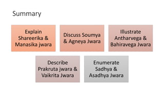 Summary
Explain
Shareerika &
Manasika jwara
Discuss Soumya
& Agneya Jwara
Illustrate
Antharvega &
Bahiravega Jwara
Describe
Prakruta jwara &
Vaikrita Jwara
Enumerate
Sadhya &
Asadhya Jwara
 