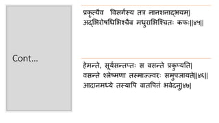 Cont…
प्रकृ त्यैर्व पर्विगास्य तत्र नानशनाद्भयम ्|
अद्सभरोषचिसभश्िैर्व मिुरासभन्द्श्ितः कफः||४५||
हेमरते, िूयािरतप्यतः ि र्विरते प्रकु प्ययतत|
र्विरते श््ेष्मणा तस्माज्ज्र्वरः िमुपजायते||४६||
आदानम्ये तस्यापप र्वातपपत्तां भर्वेदनु|४७|
 