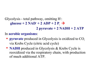 Glycolysis - total pathway, omitting H+: 
glucose + 2 NAD+ + 2 ADP + 2 Pi  
2 pyruvate + 2 NADH + 2 ATP 
In aerobic organisms: 
 pyruvate produced in Glycolysis is oxidized to CO2 
via Krebs Cycle (citric acid cycle) 
 NADH produced in Glycolysis & Krebs Cycle is 
reoxidized via the respiratory chain, with production 
of much additional ATP. 
 