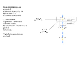 DG < 0 
B C 
Rate-limiting steps are 
regulated: 
reactions in the pathway that 
operate away from 
equilibrium are regulated. 
At these reaction 
steps there is a build-up of 
substrates because 
the substrates are not converted to 
products 
fast enough. 
Typically these reactions are 
regulated. 
DG ~ 0 
C D 
 