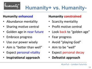 54
#LonFut – London Futurists
Humanity+ vs. Humanity-
Humanity enhanced
• Abundance mentality
• Sharing motive central
• G...