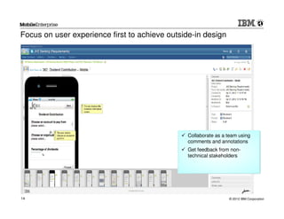 Focus on user experience first to achieve outside-in design




                                               Collaborate as a team using
                                               comments and annotations
                                               Get feedback from non-
                                               technical stakeholders




14                                                              © 2012 IBM Corporation
 