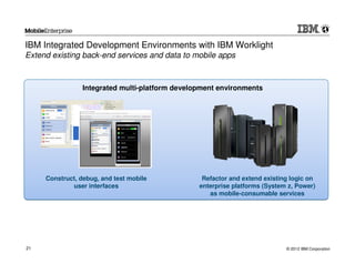 IBM Integrated Development Environments with IBM Worklight
Extend existing back-end services and data to mobile apps



                 Integrated multi-platform development environments




     Construct, debug, and test mobile            Refactor and extend existing logic on
             user interfaces                     enterprise platforms (System z, Power)
                                                    as mobile-consumable services




21                                                                           © 2012 IBM Corporation
 