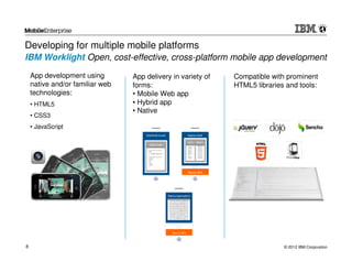 Developing for multiple mobile platforms
IBM Worklight Open, cost-effective, cross-platform mobile app development
    App development using        App delivery in variety of   Compatible with prominent
    native and/or familiar web   forms:                       HTML5 libraries and tools:
    technologies:                • Mobile Web app
    • HTML5                      • Hybrid app
                                 • Native
    • CSS3
    • JavaScript




8                                                                            © 2012 IBM Corporation
 