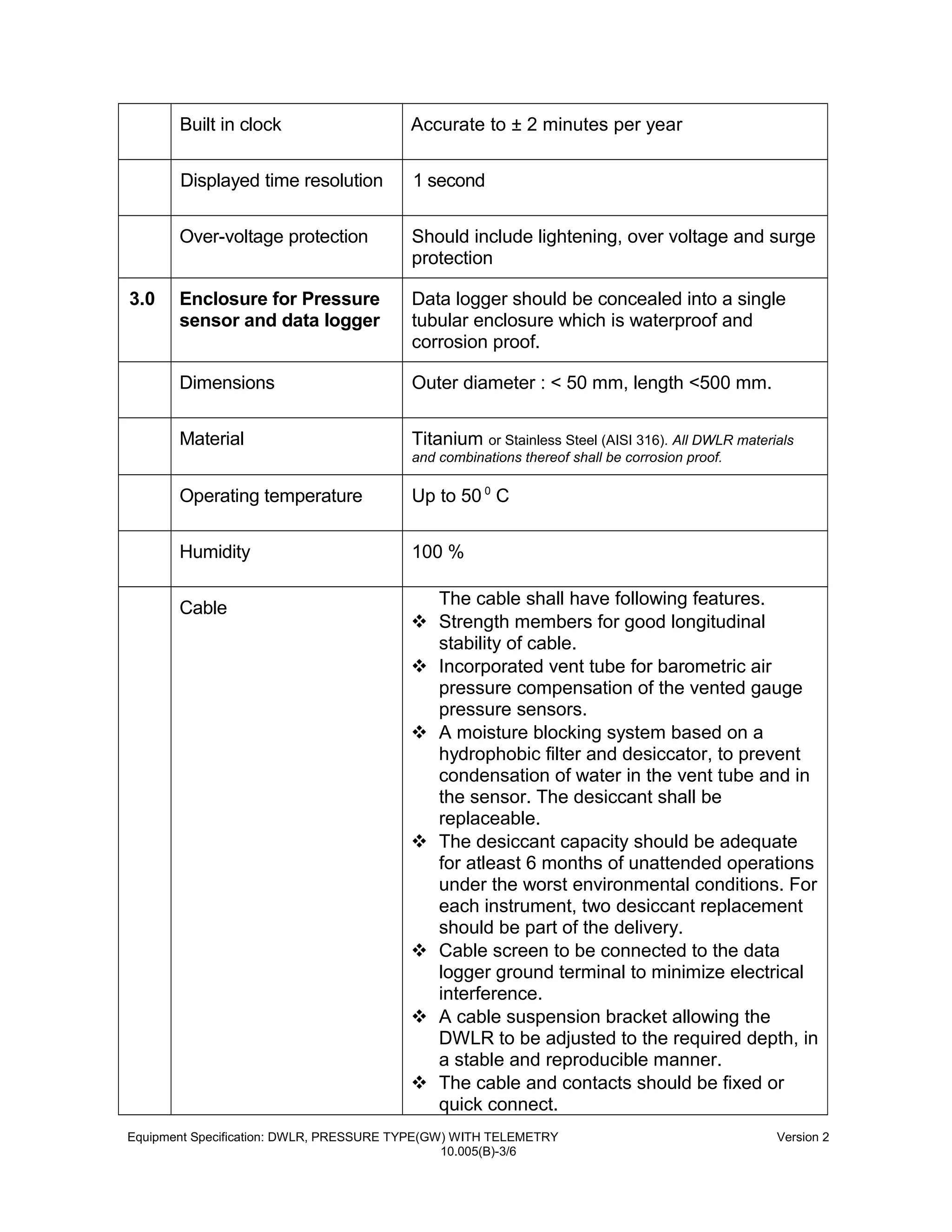 Built in clock Accurate to ± 2 minutes per year
Displayed time resolution 1 second
Over-voltage protection Should include lightening, over voltage and surge
protection
3.0 Enclosure for Pressure
sensor and data logger
Data logger should be concealed into a single
tubular enclosure which is waterproof and
corrosion proof.
Dimensions Outer diameter : < 50 mm, length <500 mm.
Material Titanium or Stainless Steel (AISI 316). All DWLR materials
and combinations thereof shall be corrosion proof.
Operating temperature Up to 50 0
C
Humidity 100 %
Cable
The cable shall have following features.
 Strength members for good longitudinal
stability of cable.
 Incorporated vent tube for barometric air
pressure compensation of the vented gauge
pressure sensors.
 A moisture blocking system based on a
hydrophobic filter and desiccator, to prevent
condensation of water in the vent tube and in
the sensor. The desiccant shall be
replaceable.
 The desiccant capacity should be adequate
for atleast 6 months of unattended operations
under the worst environmental conditions. For
each instrument, two desiccant replacement
should be part of the delivery.
 Cable screen to be connected to the data
logger ground terminal to minimize electrical
interference.
 A cable suspension bracket allowing the
DWLR to be adjusted to the required depth, in
a stable and reproducible manner.
 The cable and contacts should be fixed or
quick connect.
Equipment Specification: DWLR, PRESSURE TYPE(GW) WITH TELEMETRY Version 2
10.005(B)-3/6
 
