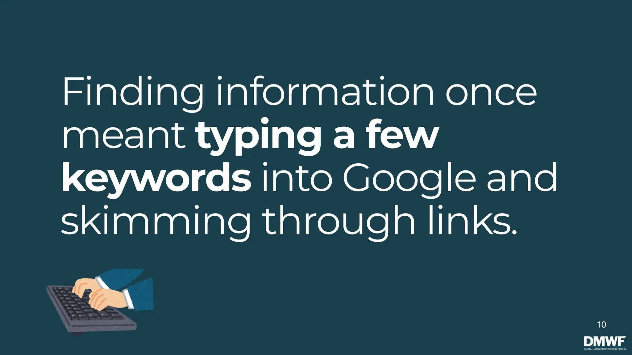 10
Finding information once
meant typing a few
keywords into Google and
skimming through links.
 
