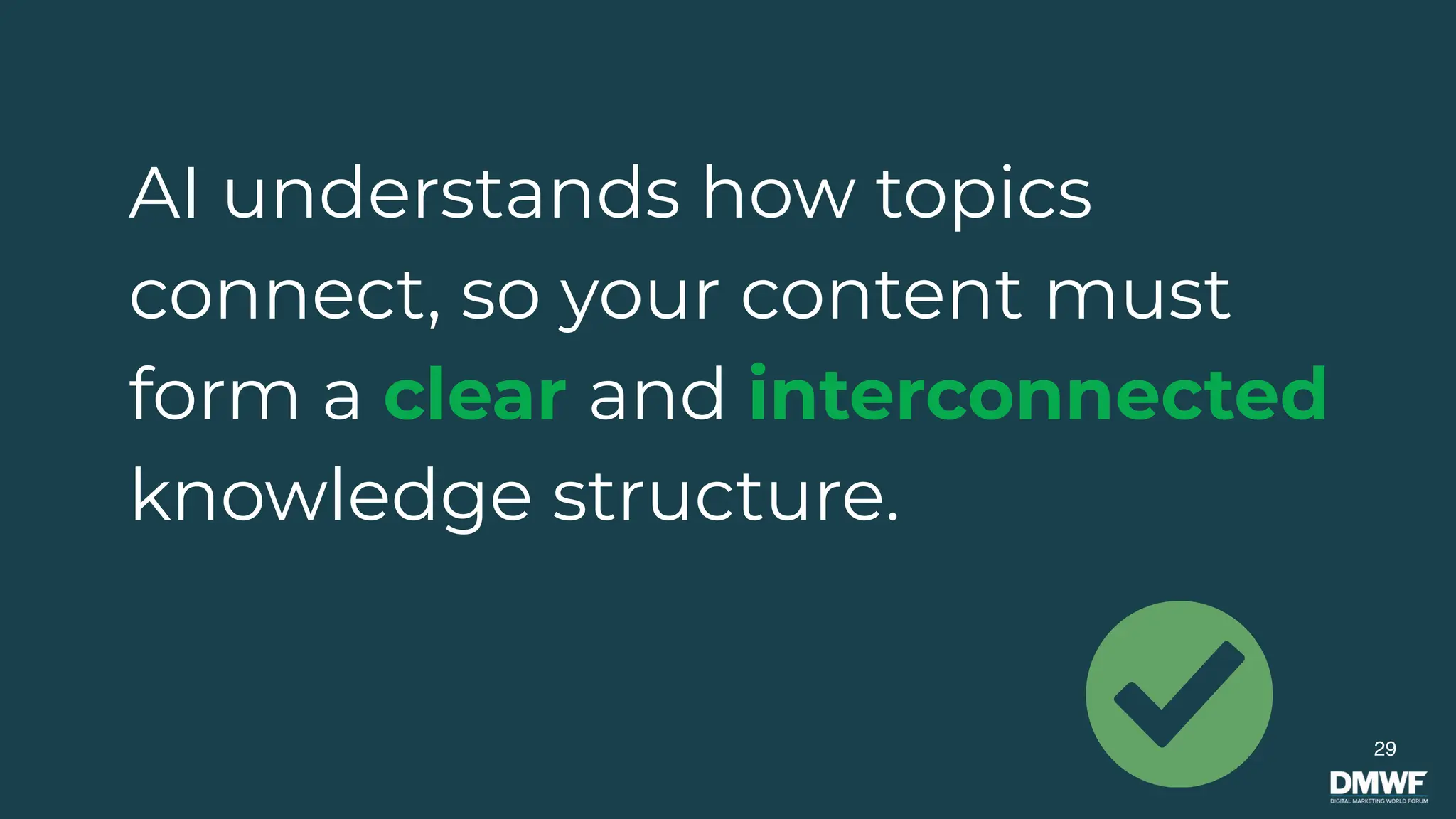AI understands how topics
connect, so your content must
form a clear and interconnected
knowledge structure.
29
 