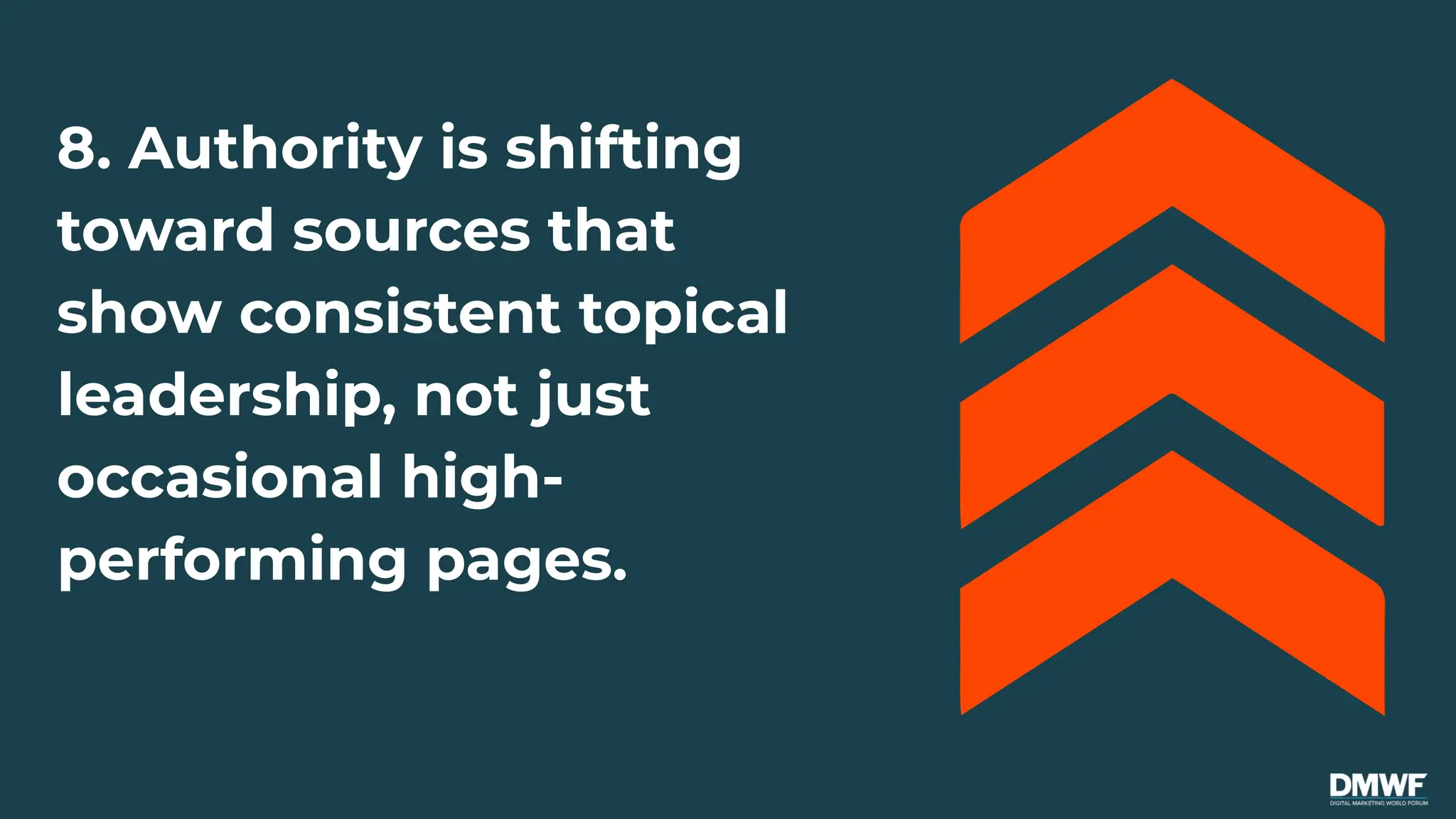 8. Authority is shifting
toward sources that
show consistent topical
leadership, not just
occasional high-
performing pages.
 