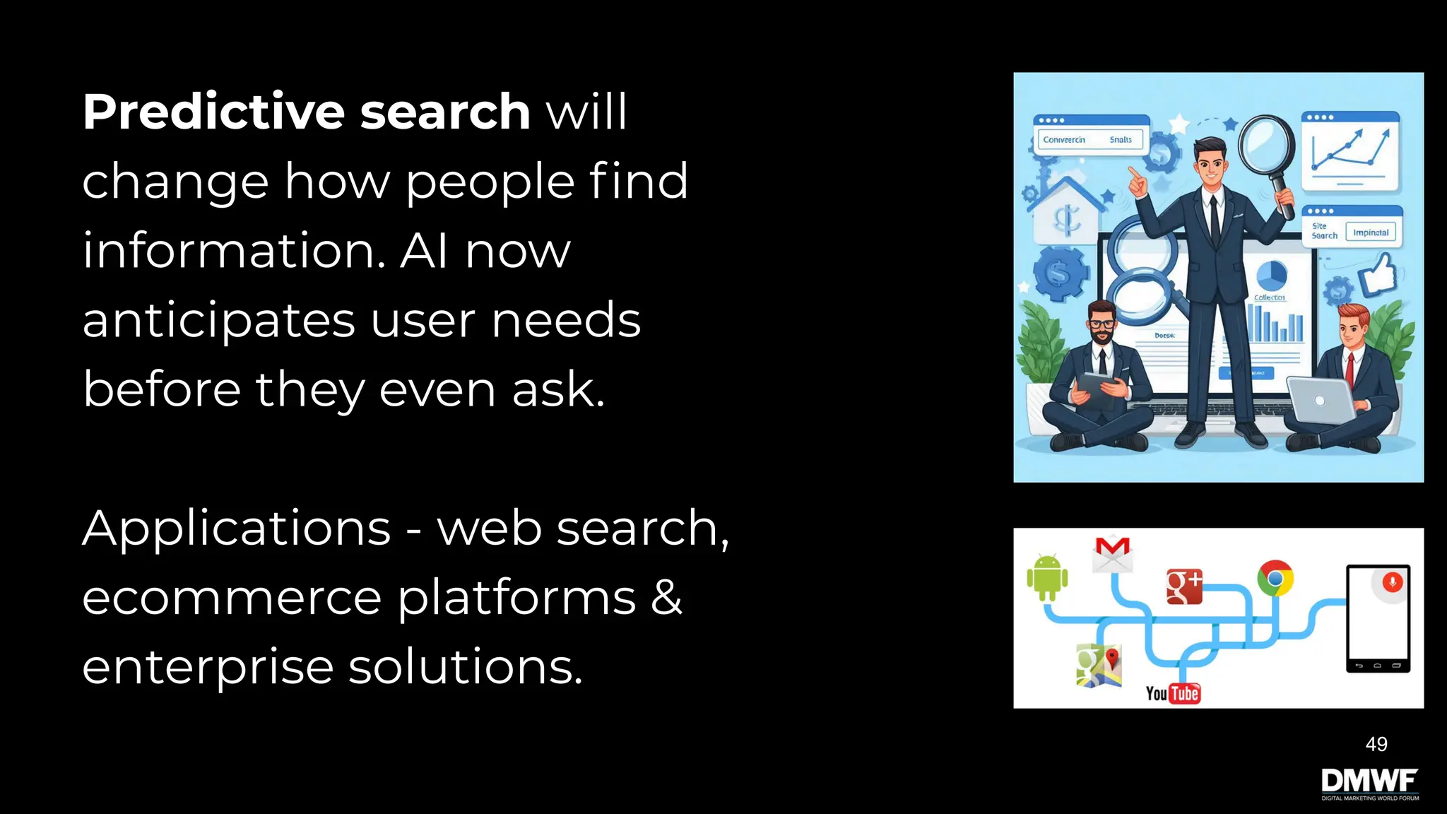 49
Predictive search will
change how people find
information. AI now
anticipates user needs
before they even ask.
Applications - web search,
ecommerce platforms &
enterprise solutions.
 