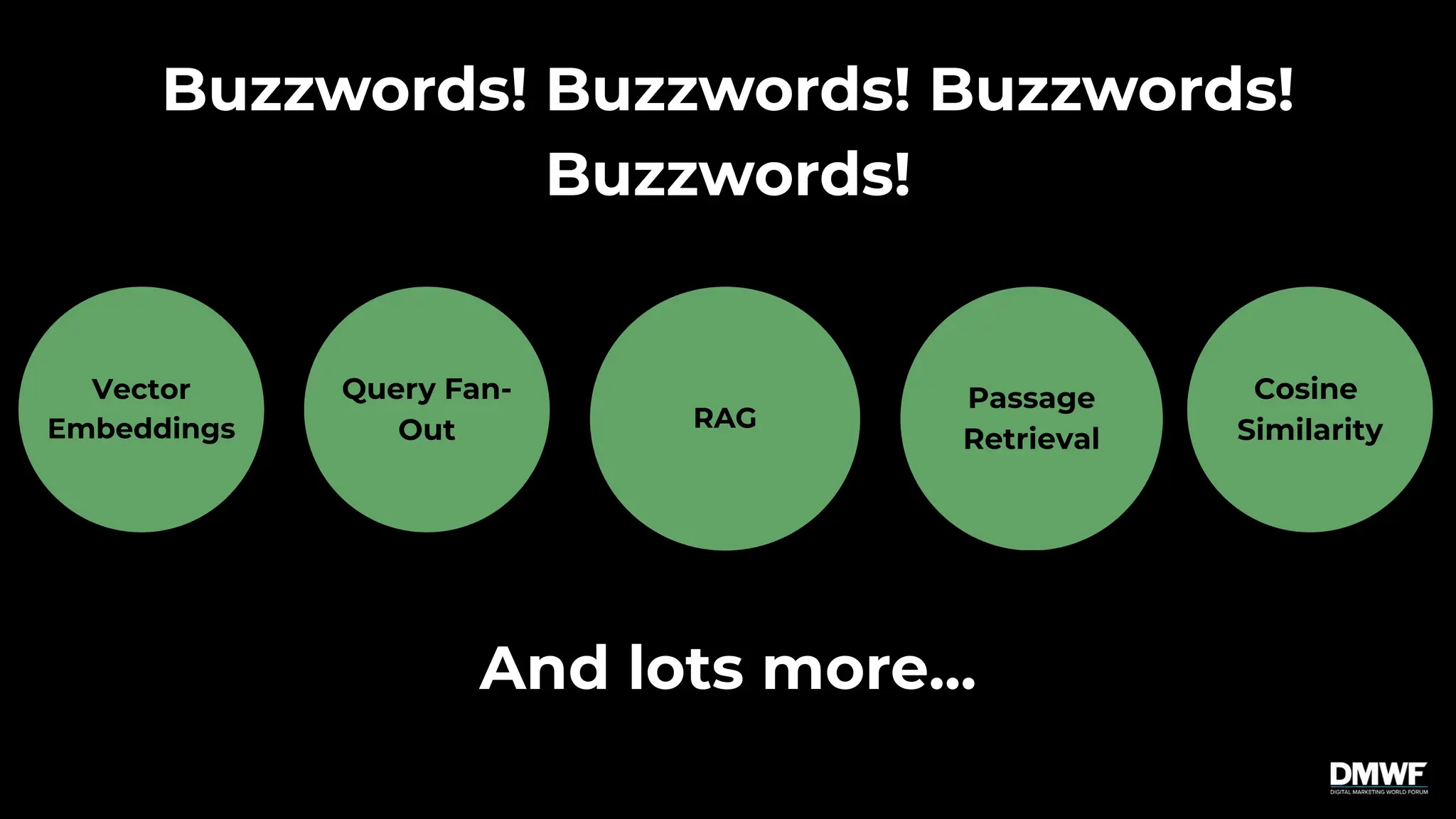 RAG
Passage
Retrieval
Query Fan-
Out
Vector
Embeddings
Cosine
Similarity
Buzzwords! Buzzwords! Buzzwords!
Buzzwords!
And lots more...
 
