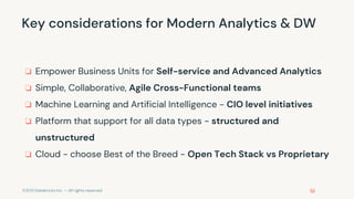 ©2021 Databricks Inc. — All rights reserved
Key considerations for Modern Analytics & DW
❏ Empower Business Units for Self-service and Advanced Analytics
❏ Simple, Collaborative, Agile Cross-Functional teams
❏ Machine Learning and Artificial Intelligence - CIO level initiatives
❏ Platform that support for all data types - structured and
unstructured
❏ Cloud - choose Best of the Breed - Open Tech Stack vs Proprietary
 