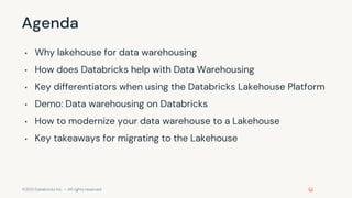 ©2021 Databricks Inc. — All rights reserved
Agenda
• Why lakehouse for data warehousing
• How does Databricks help with Da...