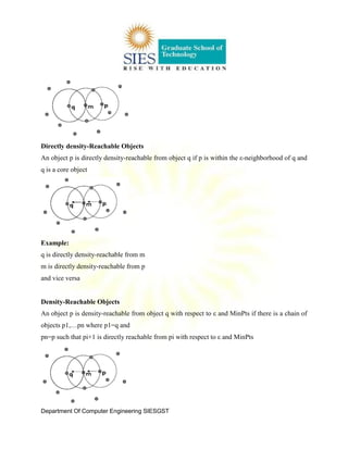 Department Of Computer Engineering SIESGST
Directly density-Reachable Objects
An object p is directly density-reachable from object q if p is within the ε-neighborhood of q and
q is a core object
Example:
q is directly density-reachable from m
m is directly density-reachable from p
and vice versa
Density-Reachable Objects
An object p is density-reachable from object q with respect to ε and MinPts if there is a chain of
objects p1,…pn where p1=q and
pn=p such that pi+1 is directly reachable from pi with respect to ε and MinPts
 