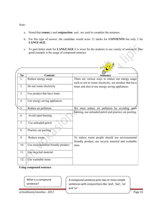 Note:
a. Noted that comas(,) and conjunction: and, are used to complete the sentence.
b. For this type of answer, the candidate would score 12 marks for CONTENTS but only 2 for
LANGUAGE.
c. To gain better mark for LANGUAGE it is wiser for the students to use variety of sentences. One
good example is the usage of compound sentence
Using compound sentence
sirmokhzani/smvshas - 2011 Page 15
No Content Sentence
1. Reduce energy usage There are various ways to reduce our energy usage
such as not to waste electricity, use product that have
timer and also to use energy saving appliances.2. Do not waste electricity
3. Use product that have timer
4. Use energy saving appliances
5. Reduce air pollution We must reduce air pollution by avoiding open
burning, use unleaded petrol and practice car pooling.
6. Avoid open burning
7. Use unleaded petrol
8. Practice car pooling
9. Reduce waste To reduce waste people should use environmental
friendly product, use recycle material and washable
item.10. Use environmental friendly product
11. Use recycled material
12. Use washable items
What is a compound
sentence?
A compound sentence joins two or more simple
sentences with conjunctions like ‘and’, ‘but’, ‘so’
and ‘or’.
 