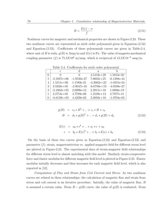 78                        Chapter 2. Constitutive relationship of Magnetostrictive Materials

                                          E( ) − σ
                                     B=                                               (2.51)
                                             f
Nonlinear curves for magnetic and mechanical properties are shown in Figure-2.23. These
two nonlinear curves are represented as sixth order polynomial given in Equation-(2.52)
and Equation-(2.53). Coeﬃcients of these polynomials curves are given in Table-2.4,
where unit of B is tesla, g(B) is Amp/m and E( ) is Pa. The value of magneto-mechanical
coupling parameter (f ) is 75.3X106 m/amp, which is reciprocal of 13.3X10−9 amp/m.

                    Table 2.4: Coeﬃcients for sixth order polynomial.
                          c           d              a            b
                6         0           0         4.5419e+28 1.5853e-50
                5   -2.1687e+06 -1.9526e-27 7.6602e+25 -6.1288e-44
                4   1.5211e+06 1.1589e-21 -4.2662e+22 -1.0355e-34
                3   3.5828e+05 -2.0047e-16 -6.6788e+19 -4.0508e-27
                2   -2.1062e+05 2.0096e-12 2.3911e+16 1.0806e-19
                1   2.2754e+05 4.7789e-06 1.2539e+13 2.7977e-11
                0   -8.8129e+03 4.4239e-02 3.3893e+10 -1.9704e-05


                        g(B) = c5 ∗ B 5 + .. + c1 ∗ B + c0
                           B = d5 ∗ g(B)5 + .. + d1 ∗ g(B) + d0                       (2.52)


                                          6
                         E( ) = a6 ∗          + .. + a1 ∗ + a0
                                = b6 ∗ E( )6 + .. + b1 ∗ E( ) + b0                    (2.53)

 On the basis of these two curves given in Equation-(2.52) and Equation-(2.53) and
parameter (f ), strain, magnetostriction vs. applied magnetic ﬁeld for diﬀerent stress level
are plotted in Figure-2.24. The experimental data of strain-magnetic ﬁeld relationships
for diﬀerent stress level is almost matching with this model. Similarly strain-compressive
force and elastic modulus for diﬀerent magnetic ﬁeld level is plotted in Figure-2.25. Elastic
modulus initially decreases and then increases for each magnetic ﬁeld level, which is also
reported in [52].
      Computation of Flux and Strain from Coil Current and Stress: As two nonlinear
curves are related in these relationships, the calculation of magnetic ﬂux and strain from
stress and coil current is an iterative procedure. Initially, the value of magnetic ﬂux, B
is assumed a certain value. From B − g(B) curve, the value of g(B) is evaluated. From
 