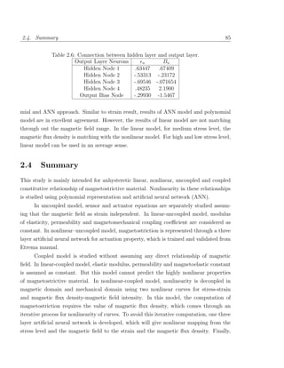 2.4. Summary                                                                             85


             Table 2.6: Connection between hidden layer and output layer.
                       Output Layer Neurons       n       Bn
                          Hidden Node 1       .63447    .67409
                          Hidden Node 2       -.53313 -.23172
                          Hidden Node 3       -.69546 -.071654
                          Hidden Node 4       .48235    2.1900
                         Output Bias Node     -.29930 -1.5467


mial and ANN approach. Similar to strain result, results of ANN model and polynomial
model are in excellent agreement. However, the results of linear model are not matching
through out the magnetic ﬁeld range. In the linear model, for medium stress level, the
magnetic ﬂux density is matching with the nonlinear model. For high and low stress level,
linear model can be used in an average sense.


2.4     Summary
This study is mainly intended for anhysteretic linear, nonlinear, uncoupled and coupled
constitutive relationship of magnetostrictive material. Nonlinearity in these relationships
is studied using polynomial representation and artiﬁcial neural network (ANN).
      In uncoupled model, sensor and actuator equations are separately studied assum-
ing that the magnetic ﬁeld as strain independent. In linear-uncoupled model, modulus
of elasticity, permeability and magnetomechanical coupling coeﬃcient are considered as
constant. In nonlinear–uncoupled model, magnetostriction is represented through a three
layer artiﬁcial neural network for actuation property, which is trained and validated from
Etrema manual.
      Coupled model is studied without assuming any direct relationship of magnetic
ﬁeld. In linear-coupled model, elastic modulus, permeability and magnetoelastic constant
is assumed as constant. But this model cannot predict the highly nonlinear properties
of magnetostrictive material. In nonlinear-coupled model, nonlinearity is decoupled in
magnetic domain and mechanical domain using two nonlinear curves for stress-strain
and magnetic ﬂux density-magnetic ﬁeld intensity. In this model, the computation of
magnetostriction requires the value of magnetic ﬂux density, which comes through an
iterative process for nonlinearity of curves. To avoid this iterative computation, one three
layer artiﬁcial neural network is developed, which will give nonlinear mapping from the
stress level and the magnetic ﬁeld to the strain and the magnetic ﬂux density. Finally,
 