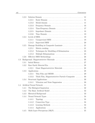xii                                                                                   Contents

            1.2.3   Solution Domain . . . . . . . . . . . . . . . . . . . . . . . . . . . . 11
                    1.2.3.1   Static Domain . . . . . . . . . . . . . . . . . . . . . . . . 11
                    1.2.3.2   Modal domain . . . . . . . . . . . . . . . . . . . . . . . . 11
                    1.2.3.3   Frequency Domain . . . . . . . . . . . . . . . . . . . . . . 16
                    1.2.3.4   Time-Frequency Domain . . . . . . . . . . . . . . . . . . . 17
                    1.2.3.5   Impedance Domain . . . . . . . . . . . . . . . . . . . . . . 18
                    1.2.3.6   Time Domain . . . . . . . . . . . . . . . . . . . . . . . . . 19
            1.2.4   Levels of SHM . . . . . . . . . . . . . . . . . . . . . . . . . . . . . . 19
                    1.2.4.1   Unsupervised SHM . . . . . . . . . . . . . . . . . . . . . . 19
                    1.2.4.2   Supervised SHM . . . . . . . . . . . . . . . . . . . . . . . 20
            1.2.5   Damage Modelling in Composite Laminate . . . . . . . . . . . . . . 21
                    1.2.5.1   Matrix cracking . . . . . . . . . . . . . . . . . . . . . . . . 21
                    1.2.5.2   Techniques for Modelling of Delamination . . . . . . . . . 23
                    1.2.5.3   Multiple Delaminations . . . . . . . . . . . . . . . . . . . 25
            1.2.6   Eﬀective SHM Methodology . . . . . . . . . . . . . . . . . . . . . . 26
      1.3   Background: Magnetostrictive Materials . . . . . . . . . . . . . . . . . . . 26
            1.3.1   Initial History . . . . . . . . . . . . . . . . . . . . . . . . . . . . . . 27
            1.3.2   Rare Earth Material Era . . . . . . . . . . . . . . . . . . . . . . . . 28
                    1.3.2.1   Giant Magnetostrictive Materials . . . . . . . . . . . . . . 28
            1.3.3   Applications . . . . . . . . . . . . . . . . . . . . . . . . . . . . . . . 28
                    1.3.3.1   Thin Film and MEMS . . . . . . . . . . . . . . . . . . . . 29
                    1.3.3.2   Thick Film, Magnetostrictive Particle Composite . . . . . 30
            1.3.4   Structural Applications . . . . . . . . . . . . . . . . . . . . . . . . . 30
                    1.3.4.1   Vibration and Noise Suppression . . . . . . . . . . . . . . 30
      1.4   Artiﬁcial Neural Network . . . . . . . . . . . . . . . . . . . . . . . . . . . . 31
            1.4.1   The Biological Inspiration . . . . . . . . . . . . . . . . . . . . . . . 32
            1.4.2   The Basic Artiﬁcial Model . . . . . . . . . . . . . . . . . . . . . . . 32
            1.4.3   Historical Background . . . . . . . . . . . . . . . . . . . . . . . . . 33
            1.4.4   Neural Network Types . . . . . . . . . . . . . . . . . . . . . . . . . 34
                    1.4.4.1   Topology . . . . . . . . . . . . . . . . . . . . . . . . . . . 34
                    1.4.4.2   Connection Type . . . . . . . . . . . . . . . . . . . . . . . 34
                    1.4.4.3   Learning Methods . . . . . . . . . . . . . . . . . . . . . . 34
                    1.4.4.4   Applications    . . . . . . . . . . . . . . . . . . . . . . . . . 35
            1.4.5   Multi Layer Perceptrons (MLP) . . . . . . . . . . . . . . . . . . . . 35
 