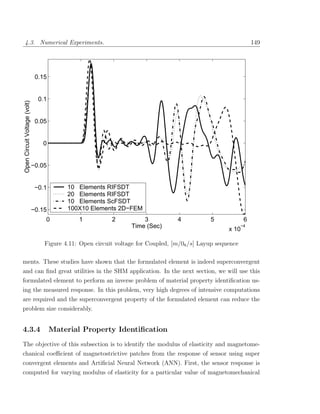 4.3. Numerical Experiments.                                                                                     149




                               0.15


                                0.1
Open Circuit Voltage (volt)




                               0.05


                                 0


                              −0.05


                               −0.1       10 Elements RIFSDT
                                          20 Elements RIFSDT
                                          10 Elements ScFSDT
                              −0.15       100X10 Elements 2D−FEM
                                  0           1           2          3            4           5              6
                                                                 Time (Sec)                          x 10
                                                                                                            −4



                                  Figure 4.11: Open circuit voltage for Coupled, [m/08 /s] Layup sequence

ments. These studies have shown that the formulated element is indeed superconvergent
and can ﬁnd great utilities in the SHM application. In the next section, we will use this
formulated element to perform an inverse problem of material property identiﬁcation us-
ing the measured response. In this problem, very high degrees of intensive computations
are required and the superconvergent property of the formulated element can reduce the
problem size considerably.


4.3.4                                 Material Property Identiﬁcation
The objective of this subsection is to identify the modulus of elasticity and magnetome-
chanical coeﬃcient of magnetostrictive patches from the response of sensor using super
convergent elements and Artiﬁcial Neural Network (ANN). First, the sensor response is
computed for varying modulus of elasticity for a particular value of magnetomechanical
 