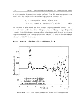 152                                          Chapter 4. Superconvergent Beam Element with Magnetostrictive Patches

is used to identify the magnetomechanical coeﬃcient from this peak value or vice versa.
From these three sample points two quadratic polynomials are drawn as:

                                             Vp = 3.9878X1015 d2 − 3.9603X107 d + 0.16486,
                                              d = −8.1759X10−8 Vp 2 + 6.8613X10−8 Vp + 7.967.                   (4.62)

For validation of these curves, two other values of coupling coeﬃcient, namely, 7 and 12
nano-m/amp are used in simulation. Initial peak values considering corresponding coeﬃ-
cients are 99 and 238 mili-volt respectively from ﬁnite element analysis. And the predicted
coupling coeﬃcients from above polynomial are 6.8 and 12.5 nano-m/amp respectively,
which are with in 4% of accuracy.

4.3.4.3                                Material Properties Identiﬁcation using ANN




                                0.15
Open Circuit Voltages (volt)




                                 0.1


                                0.05


                                  0


                               −0.05

                                            d=5 nano−m/amp; E=25 GPa
                                −0.1        d=5 nano−m/amp; E=35 GPa
                                            d=10 nano−m/amp; E=25 GPa
                                            d=10 nano−m/amp; E=35 GPa
                                   0           1            2          3            4           5               6
                                                                   Time (sec)                          x 10
                                                                                                            −4



                                 Figure 4.14: Open circuit voltage for Coupled, [m/04 /904 /s] layup sequence
 