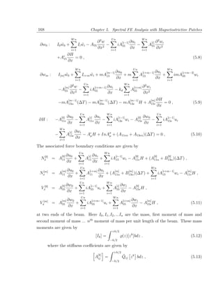 168                                             Chapter 5. Spectral FE Analysis with Magnetostrictive Patches

                        Wn                                            Un                                 Wn
                                               ∂ 2w                            [i−1] ∂ui                            [i]   ∂ 2 wi
 ∂w0 :       I0 w0 +
                ¨                   Ii wi − A55 2 −
                                       ¨                                     iA55                 −            A55
                        i=1
                                               ∂x                     i=1
                                                                                            ∂x           i=1
                                                                                                                          ∂x2
                     ∂H
             +Ae
               15       =0,                                                                                                                              (5.8)
                     ∂x
                                Wn                                                           Un                                     Wn
                                                                 [m−1] ∂u0                               [i+m−1] ∂ui                            [i+m−2]
 ∂wm :       I[m] w0 +
                  ¨                   Ii+m wi + mA13
                                           ¨                                       +m                  A13                      +         imA33           wi
                                i=1
                                                                            ∂x               i=1
                                                                                                                          ∂x        i=1
                            2            Un                                         Wn                    2
                 [m] ∂   w                           [i+m−1] ∂ui                              [i+m] ∂     wi
             −A55          −                   iA55                      − kd               A55
                       ∂x2               i=1
                                                                   ∂x                 i=1
                                                                                                         ∂x2
                      [m−1]                                [m−1]                            [m−1]                [m] ∂H
             −mA13α (∆T ) − mA33α (∆T ) − mA13e H + A15e                                                                           =0,                   (5.9)
                                                                                                                           ∂x
                                     Un                          Wn                                                        Un
               [0]   ∂u0                       [i]   ∂ui                     [i−1]                 [0]   ∂w0                        [i−1]
 ∂H :    −A11e           −                  A11e         −              iA13e wi − A15e                      −                  iA15e ui
                     ∂x             i=1
                                                     ∂x          i=1
                                                                                                         ∂x               i=1
              Wn
                      [i]       ∂wi
         −           A15e           − Aµ H + InAσ + (A11eα + A13eα )(∆T ) = 0 ,
                                                µ                                                                                                    (5.10)
              i=1
                                ∂x

The associated force boundary conditions are given by
                                    Un                          Wn
   [0]        [0] ∂u0                      [i] ∂ui                        [i−1]                  [0]                  [0]           [0]
  Nx     =   A11                +         A11              +          iA13 wi − A11e H + (A11α + B13α )(∆T ) ,
                     ∂x             i=1
                                                     ∂x         i=1
                                     Un                                                                          Wn
  [m]         [m] ∂u0                        [i+m] ∂ui                  [m]            [m]                                      [i+m−1]            [m]
 Nx      =   A11                +           A11                 +     (A11α       +   B13α )(∆T )            +              iA13            wi − A11e H ,
                     ∂x             i=1
                                                          ∂x                                                     i=1
                                    Un                           Wn
               [0] ∂w0                          [i−1]                       [i]   ∂wi    [0]
  Vx[0] = A55                   +           iA55 ui +                   A55           − A15e H ,
                     ∂x             i=1                          i=1
                                                                                  ∂x
                                     Un                                 Wn
              [m] ∂w0                         [i+m−1]                              [i+m] ∂wi                  [m]
 Vx[m]   =   A55                +           iA55      ui            +             A55                  − A15e H ,                                    (5.11)
                      ∂x              i=1                               i=1
                                                                                             ∂x

at two ends of the beam. Here I0 , I1 , I2 , ...In are the mass, ﬁrst moment of mass and
second moment of mass ... nth moment of mass per unit length of the beam. These mass
moments are given by
                                                                        +h/2
                                                      [Ik ] =                      (z)[z k ]bdz .                                                    (5.12)
                                                                      −h/2

      where the stiﬀness coeﬃcients are given by
                                                                         +h/2
                                                     Aij
                                                          [k]
                                                                =                  ¯
                                                                                   Qij z k bdz ,                                                     (5.13)
                                                                        −h/2
 