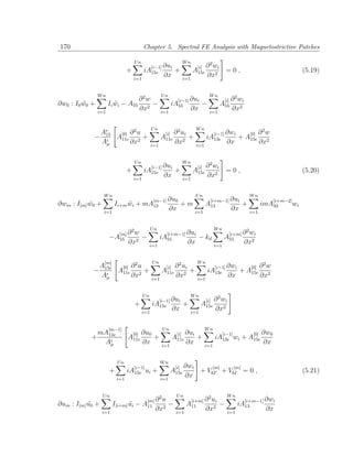 170                                         Chapter 5. Spectral FE Analysis with Magnetostrictive Patches

                                       Un                              Wn
                                              [i−1] ∂ui                        [i]   ∂ 2 wi
                                +           iA15e                +           A15e                 =0,                                             (5.19)
                                    i=1
                                                         ∂x            i=1
                                                                                     ∂x2

                Wn                                      Un                             Wn
                                        ∂ 2w                       [i−1] ∂ui                      [i]   ∂ 2 wi
∂w0 : I0 w0 +
         ¨            Ii wi − A55
                         ¨                   −                 iA55                −          A55                                                          .
                i=1
                                        ∂x2             i=1
                                                                             ∂x        i=1
                                                                                                        ∂x2

                                                  Un                           Wn
              Ae        2
                   [0] ∂ u                               [i] ∂
                                                                   2
                                                                  ui                       [i−1] ∂wi                 [0]   ∂ 2w
             − 15 A11e 2 +                              A11e         +               iA13e                 + A15e
              Aµ       ∂x                         i=1
                                                                 ∂x2           i=1
                                                                                                   ∂x                      ∂x2

                                       Un                              Wn
                                                  [i−1] ∂ui                    [i]   ∂ 2 wi
                                +           iA15e                +           A15e                 =0,                                             (5.20)
                                    i=1
                                                         ∂x            i=1
                                                                                     ∂x2

                  Wn                                                          Un                                     Wn
                                              [m−1] ∂u0                               [i+m−1] ∂ui                                  [i+m−2]
∂wm : I[m] w0 +
           ¨            Ii+m wi +
                             ¨              mA13                       +m            A13                     +              imA33            wi
                  i=1
                                                              ∂x              i=1
                                                                                                        ∂x           i=1


                                   2              Un                                       Wn                    2
                           [m] ∂  w                        [i+m−1] ∂ui                              [i+m] ∂       wi
                      −A55          −                   iA55                      − kd           A55
                                ∂x2              i=1
                                                                        ∂x                 i=1
                                                                                                                 ∂x2

                  [m]   2                         Un               2           Wn
             A     [0] ∂ u                                [i] ∂   ui                       [i−1] ∂wi                 [0]    ∂ 2w
            − 15e A11e 2 +                               A11e        +                 iA13e                 + A15e
             Aµ        ∂x                         i=1
                                                                 ∂x2           i=1
                                                                                                    ∂x                      ∂x2

                                            Un                               Wn
                                                        [i−1] ∂ui                    [i]   ∂ 2 wi
                                       +          iA15e                +           A15e
                                            i=1
                                                               ∂x            i=1
                                                                                           ∂x2

                      [m−1]                              Un                          Wn
              mA13e              [0] ∂u0                        [i] ∂ui                          [i−1]                [0]   ∂w0
            +                   A11e               +           A11e            +           iA13e wi + A15e
               Aµ                           ∂x           i=1
                                                                        ∂x           i=1
                                                                                                                            ∂x

                          Un                            Wn
                                  [i−1]                          [i]   ∂wi     [m]   [m]
                      +         iA15e ui          +            A15e        + VbT + VbI = 0 ,                                                      (5.21)
                          i=1                           i=1
                                                                       ∂x

                  Un                              2              Un                    2           Wn
                                             [m] ∂ u                     [i+m] ∂      ui                         [i+m−1] ∂wi
∂um : I[m] u0 +
           ¨            I[i+m] ui −
                               ¨            A11              −          A11              −                 iA13
                  i=1
                                                 ∂x2             i=1
                                                                                     ∂x2            i=1
                                                                                                                              ∂x
 