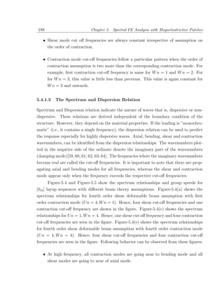 188                           Chapter 5. Spectral FE Analysis with Magnetostrictive Patches

   • Shear mode cut oﬀ frequencies are always constant irrespective of assumption on
      the order of contraction.

   • Contraction mode cut-oﬀ frequencies follow a particular pattern when the order of
      contraction assumption is two more than the corresponding contraction mode. For
      example, ﬁrst contraction cut-oﬀ frequency is same for W n = 1 and W n = 2. For
      for W n = 3, this value is little less than previous. This value is again constant for
      W n = 3 and onwards.


5.4.1.3   The Spectrum and Dispersion Relation

Spectrum and Dispersion relation indicate the nature of waves that is, dispersive or non-
dispersive. These relations are derived independent of the boundary condition of the
structure. However, they depend on the material properties. If the loading is ”monochro-
matic” (i.e., it contains a single frequency), the dispersion relation can be used to predict
the response especially for highly dispersive waves. Axial, bending, shear and contraction
wavenumbers, can be identiﬁed from the dispersion relationships. The wavenumbers plot-
ted in the negative side of the ordinate denote the imaginary part of the wavenumbers
(damping mode)[59, 60, 61, 62, 63, 64]. The frequencies where the imaginary wavenumbers
become real are called the cut-oﬀ frequencies. It is important to note that there are prop-
agating axial and bending modes for all frequencies, whereas the shear and contraction
mode appear only when the frequency exceeds the respective cut-oﬀ frequencies.
        Figure-5.4 and Figure-5.5 show the spectrum relationships and group speeds for
[010 ] layup sequences with diﬀerent beam theory assumptions. Figure-5.4(a) shows the
spectrum relationships for fourth order shear deformable beam assumption with ﬁrst
order contraction mode (U n = 4, W n = 1). Hence, four shear cut-oﬀ frequencies and one
contraction cut-oﬀ frequency are shown in the ﬁgure. Figure-5.4(c) shows the spectrum
relationships for U n = 1, W n = 4. Hence, one shear cut-oﬀ frequency and four contraction
cut-oﬀ frequencies are seen in the ﬁgure. Figure-5.4(e) shows the spectrum relationships
for fourth order shear deformable beam assumption with fourth order contraction mode
(U n = 4, W n = 4). Hence, four shear cut-oﬀ frequencies and four contraction cut-oﬀ
frequencies are seen in the ﬁgure. Following behavior can be observed from these ﬁgures:

   • At high frequency, all contraction modes are going near to bending mode and all
      shear modes are going to near of axial mode.
 