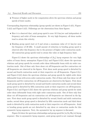 5.4. Numerical Results and Discussion                                                  191

   • Presence of higher mode in the computation alters the spectrum relation and group
     speeds of lower modes.

Corresponding dispersion relationship (group speeds) are shown in Figure-5.4(b), Figure-
5.4(d) and Figure-5.4(f). Followings are the observation from these ﬁgures:

   • Here it is observed that, axial group speed is near 10.5 km/sec and independent of
     frequency and order of beam assumption. At very high frequency, all shear modes
     tend to attain this velocity.

   • Bending group speed start at 0 and attain a maximum value of 4.1 km/sec near
     the frequency of 20 kHz. A small amount of reduction in bending group speed is
     observed after this frequency due to the presence of higher order contraction mode.
     All contraction group speeds tend to attain this value at high frequency limit.

     Figure-5.5 shows the spectrum relationships of [010 ] layup sequence for very high
orders of beam theory assumption Figure-5.5(a) and Figure-5.5(b) shows the spectrum
relations and group speeds for seventh order shear deformable beam with six order con-
traction mode. Out of these only three shear cut oﬀ frequencies and ﬁve contraction cut
oﬀ frequencies are observed in the ﬁgures. First shear mode group speed is disturbed by
second and fourth contraction mode at their respective cut oﬀ frequencies. Figure-5.5(c)
and Figure-5.5(d) shows the spectrum relations and group speeds for eighth order shear
deformable beam with seven order contraction modes. Out of these only four shear cut oﬀ
frequencies and ﬁve contraction cut oﬀ frequencies are observed in the ﬁgures. First shear
mode group speed is disturbed by second and fourth contraction modes and second shear
group speed is disturbed by ﬁfth contraction mode at their respective cut oﬀ frequencies.
Figure-5.5(e) and Figure-5.5(f) shows the spectrum relations and group speeds for ninth
order shear deformable beam with eight order contraction mode. Out of these only four
shear cut oﬀ frequencies and six contraction cut oﬀ frequencies are observed in the ﬁg-
ures. First shear mode group speed is disturbed by second, fourth and sixth contraction
modes, second shear group speed is disturbed by ﬁfth contraction mode and third shear
mode is disturbed by sixth contraction mode at their respective cut oﬀ frequencies. Axial
or bending group speeds are not disturbed by any shear or contraction modes for this
symmetric layup sequences. Next, the asymmetric lay up sequence is discussed.
     Figure-5.6 show the spectrum relationships and group speed for [m/04 /904 /m] layup
sequence. Due to asymmetric layup sequence, axial group speed is not constant through
 