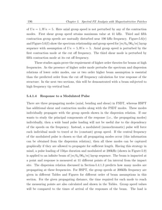 196                          Chapter 5. Spectral FE Analysis with Magnetostrictive Patches

of U n = 1, W n = 5. Here axial group speed is not perturbed by any of the contraction
modes. First shear group speed attains maximum value at 41 kHz. Third and ﬁfth
contraction group speeds are mutually disturbed near 190 kHz frequency. Figure-5.6(e)
and Figure-5.6(f) show the spectrum relationship and group speed for [m/04 /904 /m] layup
sequence with assumption of U n = 5, W n = 5. Axial group speed is perturbed by the
ﬁrst contraction mode at the cut oﬀ frequency. The third shear mode is perturbed by
ﬁfth contraction mode at its cut oﬀ frequency.
      These studies again prove the requirement of higher order theories for beams at high
frequencies. As the presence of higher order mode perturbs the spectrum and dispersion
relations of lower order modes, one or two order higher beam assumption is essential
than the predicted order from the cut oﬀ frequency calculation for true response of the
structure. In the next two sections, this will be demonstrated with a beam subjected to
high frequency tip vertical load.


5.4.1.4   Response to a Modulated Pulse

There are three propagating modes (axial, bending and shear) in FSDT, whereas HSPT
has additional shear and contraction modes along with the FSDT modes. These modes
individually propagate with the group speeds shown in the dispersion relation. If one
wants to study the principal components of the response (i.e., the propagating modes)
individually, then a wide band pulse loading will not be useful due to the dependency
of the speeds on the frequency. Instead, a modulated (monochromatic) pulse will force
each individual mode to travel at its (constant) group speed. If the central frequency
of the modulated pulse is chosen so that all propagating modes occur (this information
can be obtained from the dispersion relation), then all these modes can be captured
graphically if they are allowed to propagate for suﬃcient length. Having this strategy in
mind, a pulse loading of 150µs duration and modulated at 200kHz (shown in Figure-5.9)
is applied to an inﬁnite beam of [m/04 /904 /m] layup sequence. The beam is impacted at
a point and response is measured at 11 diﬀerent points of 1m interval from the impact
site. The dispersion relation discussed in Section-5.4.1.3 predicts how many modes are
propagating at these frequencies. For HSPT, the group speeds at 200kHz frequency are
given in diﬀerent Tables and Figures for diﬀerent order of beam assumptions in this
section. For the given propagating distance, the time required for each mode to reach
the measuring points are also calculated and shown in the Tables. Group speed values
will be compared to the times of arrival of the responses of the beam. The load is
 