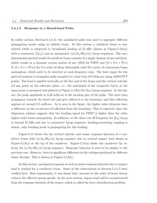 5.4. Numerical Results and Discussion                                                    203

5.4.1.5   Response to a Broad-band Pulse


In earlier section (Section-5.4.1.4), the modulated pulse was used to segregate diﬀerent
propagating modes using an inﬁnite beam. In this section a cantilever beam is con-
sidered which is subjected to broadband loading of 25 kHz (shown in Figure-5.13(a))
with a symmetric ([010 ]) and an asymmetric ([m/04 /904 /m]) layup sequences. The one-
dimensional spectral model of cantilever beam consists of a single element of one end ﬁxed,
which results in a dynamic system matrix of size [3X3] for FSDT and [(2 + U n + W n)
X (2 + U n + W n)] for U n order of shear deformable with W n order of contraction beam
assumption, which need to be inverted at each frequency step. The force input for the
spectral analysis is triangular pulse sampled at a time step of 0.244µ-sec using 16384 FFT
points. The load is applied vertically at the free end of the beam and the vertical velocity
(of any point on the reference plane, i.e., the mid-depth of the composite layer) at the
same point is measured and plotted in Figure-5.13(b) for [010 ] layup sequence. In this ﬁg-
ure, the peak amplitude at 0.26 milli-sec is the incident part of the pulse. The wave then
propagates towards the ﬁxed end and gets reﬂected at the boundary and this reﬂection
appears at around 0.5 milli-sec. As is seen in the ﬁgure, the higher order elements have
a diﬀerence in the occurrence of reﬂection from the boundary. This is expected, since the
dispersion relation suggests that the bending speed for FSDT is higher than the other
higher order beam assumptions. In addition, as the shear cut oﬀ frequency for [010 ] layup
is beyond 25 kHz and due to symmetric layup sequence, bending-stretching coupling is
absent, only bending mode is propagating for this loading.

       Figure-5.14 shows the tip vertical velocity and sensor response histories of a can-
tilever beam with [m/04 /904 /m] layup sequence due to vertical impact load shown in
Figure-5.13(a) at the tip of the cantilever. Figure-5.14(a) shows the cantilever tip ve-
locity for [m/04 /904 /m] layup sequence. Response behavior is seen to be similar to the
previous case. However, there is signiﬁcant diﬀerence in the voltages predicted by diﬀerent
beam theories. This is shown in Figure-5.14(b).

      In this section, mechanical response as well as sensor response histories due to impact
load is studied for a cantilever beam. Some of the observations in Section-5.4.1.3 were
veriﬁed here. More importantly, it was found that, increase in the order of beam theory
reduces the eﬀective group speeds. In the next section, impact load will be reconstructed
from the response histories of the sensor, which is called the force identiﬁcation problem.
 
