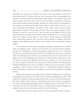 216                                            Chapter 6. Forward SHM for Delamination

for healthy zone, element 1 is connected with nodes 1 and 2; and element 9 is connected
with nodes 9 and 10. All these nodes are in the mid plane of the corresponding beam
elements. For element below the delamination, like, element 3 is connected with nodes
3 and 4, where, the nodes 3 and 4 are not in the mid plane of this element. This may
create high bending-stretching coupling. Similarly, for element above the delamination,
like, element 10 is connected through nodes 3 and 11, where nodes 3 and 11 are not
in the mid plane of this element. As mention earlier, nodes 4 and 11 are in the same
place and not connected with any direct element. These are termed as duplicate nodes.
Similarly, (5 and 12), (6 and 13) and (7 and 14) nodes are the duplicate nodes. In the
delaminated zone, lower part of the elements connects with nodes 4, 5, 6, and 7 and upper
parts of the elements connect nodes 11, 12, 13, and 14. If these nodes are merged with
their corresponding duplicate nodes, the beam will be healthy. In addition, with these
duplicate nodes, diﬀerent kind of contact or gap elements can be used in ﬁnite element
analysis.
      In the literature, for 2D plane stress/strain assumption, delamination is modelled
using such duplicate nodes. Nodes 24, 25, 26 and 27 are connected with the elements
for above the delamination, and their corresponding duplicate nodes are 31, 32, 33 and
34, which are connected with elements below of the delamination respectively. Elements
below the delamination, like element 12 is connected with nodes 13, 14, 31 and 23, and
elements above the delamination, like element 3 is connected with nodes 23, 24, 4 and
3. These two elements have duplicate nodes 24 and 31. Similarly, (25, 32), (26, 33) and
(27, 34) are duplicate nodes for other elements exist below and above the delamination.
Multiple delaminations can also be modelled in similar manner for both beam and 2D
assumption. Static and free vibration study for a unidirectional laminated cantilever
beam is performed to demonstrate the eﬃciency of the present delamination modelling
strategy.
      Figure-6.2(a) shows the percentage increase of static tip deﬂection due to mid layer
delamination near the support of a cantilever beam. When the delamination is 10 % of the
length of the cantilever, beam assumption shows 0.39% of increase of static tip deﬂection.
But when the 90% of the cantilever is delaminated, the increase of static tip deﬂection
is 55.16%. Corresponding percentage increase of deﬂection due to 2D model is 0.3% to
0.4% lower than the beam formulation. Hence, it clearly indicates, present delamination
model of beam can be used for static analysis with in 0.5% accuracy.
      Figure-6.2(b) shows the decrease of ﬁrst 15 natural frequencies due to mid layer
 