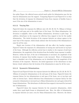222                                              Chapter 6. Forward SHM for Delamination

the earlier Figure, the reﬂected waves arrived much earlier for delamination near the tip
than for delamination near the support. Comparing Figure-6.4 and Figure-6.5 it is clear
that the deviation of response for delaminated beam from response of healthy beam is
more if the size of the delamination is more.

6.3.1.2   Varying Size

Figure-6.6 shows the responses for diﬀerent sizes (10, 20, 30, 50, 75, 100mm) of delam-
ination at mid span and at the middle layer of the beam. For 10mm delamination, the
deviation is negligible, where as for 100mm delamination, deviation is quite large. In
addition, disturbance in the response for reﬂection from support is less for the smaller
delamination. The initial deviation of the response histories are always appear in the
same time of the response, which clearly indicate that the location of the delamination is
same for all the cases.
      Depth wise location of the delamination will also aﬀect the baseline response.
Figure-6.7 shows the responses of a delamination of varying size and located at top layer
of the beam. Although the reﬂection arrival time is similar to the response of mid layer
delamination, the magnitude of the deviation from the healthy beam response is smaller.
However, within the layer, if the size of delamination is increased, the amplitude of the
deviation of response form healthy response is also increased. Hence, if delamination
layer is identiﬁed, size of the delamination can be identiﬁed from the magnitude of the
deviation of the responses. Moreover, the initial appearance of the disturbance in time
history clearly indicates that the location of the delamination is same for all the cases.

6.3.1.3   Symmetric Delaminations

Figure-6.8 and Figure-6.9 show the response histories for diﬀerent size (10, 20, 30, 50, 75,
100mm) of symmetric delaminations at the mid span of the beam. Figure-6.8 shows the
response history for two delaminations at mid span of the beam, one at top layer and
other in bottom layer. Initial reﬂections from delamination in response history for this
symmetric delamination is increased up to 30mm delamination size and again reduced for
longer delaminations. The disturbance of reﬂection from support is increased for increased
size of delamination.
     Figure-6.9 shows the response histories for the symmetric delamination, which
makes three equal depth beams at delaminated zone. Here, the eﬀect of delamination
in response histories are more, even for 10mm delamination sizes. Moreover, the distur-
 