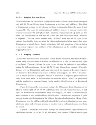 230                                            Chapter 6. Forward SHM for Delamination

6.3.2.1   Varying Size and Layer

Figure-6.11 shows the open circuit voltage in the sensor coil due to cantilever tip impact
load with 20, 50 and 100mm single delamination at top layer and mid layer. The eﬀect
of delamination in open circuit voltages for 20mm delamination below the sensor is not
recognizable. The same size delamination at mid layer however is showing considerable
response deviation with little phase shift. Similarly, delamination at top layer has less
eﬀect than delamination at mid layer for 50mm size, and this is more after 1 milli-sec
of response. Contrary to the previous case, the initial phase shift of the open circuit
voltages from healthy beam are more for 100mm delamination below sensor than same
delamination at middle layer. Hence, with phase shift and magnitude of the deviation
of the sensor response, size and layer of the delamination can be identiﬁed using some
mapping technique.

6.3.2.2   Varying Location

Delamination near the sensor was studied earlier. In this subsection, the eﬀect of delam-
ination away from the sensor is studied for delamination at top, bottom and mid layer
of the beam. Figure-6.12 shows the open circuit voltages for 100mm top layer delam-
ination for diﬀerent distance (40, 50, 60, 70, 80, and 90mm) from support. When the
distance between delamination and sensor is increased, the changes in the sensor response
are decreased. For delamination located at 90mm from support, the eﬀect of delamina-
tion in sensor response is negligible. Similar to amplitude of response, phase shifts are
found to be more when the delaminations are near the sensor. Hence, the phase shift
and the amplitude of response history can be used for identiﬁcation of the location of
delamination.
      Figure-6.13 shows the open circuit voltages for 100mm mid layer delamination for
diﬀerent distance (40, 50, 60, 70, 80, and 90mm) from support. Unlike top layer, at mid
layer, for delamination located 90mm away from support, the eﬀect of delamination in
sensor response is also considerable for identiﬁcation. Location and amplitude of peak
response is also varied considerable for diﬀerent location of delamination. Hence, if the
delamination is in the mid layer, identiﬁcation of the location of delamination from mag-
nitude and phase shift of sensor response is possible even at suﬃcient distance away from
the sensor.
      Figure-6.14 shows the open circuit voltages for 100mm bottom layer delamination
for diﬀerent distance (40, 50, 60, 70, 80, and 90mm) from support. Eﬀect of bottom layer
 