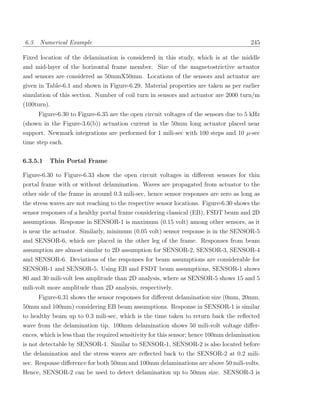 6.3. Numerical Example                                                                  245

Fixed location of the delamination is considered in this study, which is at the middle
and mid-layer of the horizontal frame member. Size of the magnetostrictive actuator
and sensors are considered as 50mmX50mm. Locations of the sensors and actuator are
given in Table-6.1 and shown in Figure-6.29. Material properties are taken as per earlier
simulation of this section. Number of coil turn in sensors and actuator are 2000 turn/m
(100turn).
     Figure-6.30 to Figure-6.35 are the open circuit voltages of the sensors due to 5 kHz
(shown in the Figure-3.6(b)) actuation current in the 50mm long actuator placed near
support. Newmark integrations are performed for 1 mili-sec with 100 steps and 10 µ-sec
time step each.

6.3.5.1   Thin Portal Frame

Figure-6.30 to Figure-6.33 show the open circuit voltages in diﬀerent sensors for thin
portal frame with or without delamination. Waves are propagated from actuator to the
other side of the frame in around 0.3 mili-sec, hence sensor responses are zero as long as
the stress waves are not reaching to the respective sensor locations. Figure-6.30 shows the
sensor responses of a healthy portal frame considering classical (EB), FSDT beam and 2D
assumptions. Response in SENSOR-1 is maximum (0.15 volt) among other sensors, as it
is near the actuator. Similarly, minimum (0.05 volt) sensor response is in the SENSOR-5
and SENSOR-6, which are placed in the other leg of the frame. Responses from beam
assumption are almost similar to 2D assumption for SENSOR-2, SENSOR-3, SENSOR-4
and SENSOR-6. Deviations of the responses for beam assumptions are considerable for
SENSOR-1 and SENSOR-5. Using EB and FSDT beam assumptions, SENSOR-1 shows
80 and 30 mili-volt less amplitude than 2D analysis, where as SENSOR-5 shows 15 and 5
mili-volt more amplitude than 2D analysis, respectively.
      Figure-6.31 shows the sensor responses for diﬀerent delamination size (0mm, 20mm,
50mm and 100mm) considering EB beam assumptions. Response in SENSOR-1 is similar
to healthy beam up to 0.3 mili-sec, which is the time taken to return back the reﬂected
wave from the delamination tip. 100mm delamination shows 50 mili-volt voltage diﬀer-
ences, which is less than the required sensitivity for this sensor; hence 100mm delamination
is not detectable by SENSOR-1. Similar to SENSOR-1, SENSOR-2 is also located before
the delamination and the stress waves are reﬂected back to the SENSOR-2 at 0.2 mili-
sec. Response diﬀerence for both 50mm and 100mm delaminations are above 50 mili-volts.
Hence, SENSOR-2 can be used to detect delamination up to 50mm size. SENSOR-3 is
 