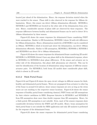 248                                             Chapter 6. Forward SHM for Delamination

located just ahead of the delamination. Hence, the response deviation started when the
wave reached to the sensor. Phase shift is also observed in the response for 100mm de-
lamination. Hence, this sensor can detect 100mm delamination eﬃciently. SENSOR-4,
SENSOR-5 and SENSOR-6 are located in the other side of the delamination from actu-
ator. Hence, considerable amount of phase shift are observed for these responses. The
response diﬀerences between healthy and delaminated frames can be used to detect 50 to
100mm delamination by these sensors.
      Figure-6.32 shows the sensor responses for delaminated frame considering FSDT
beam assumptions. Similar to EB formulation, SENSOR-1 shows 50 mili-volt diﬀerences
for 100mm delamination. Hence, delamination sensitivity of SENSOR-1 can be considered
as 100mm. SENSOR-3, which is located just above the delamination, can detect 100mm
delamination eﬃciently. Similar to EB assumption, SENSOR-2, SENSOR-4, SENSOR-5
and SENSOR-6 can detect 50 to 100mm delamination.
      Figure-6.33 shows the sensor responses for delaminated frame considering 2D model.
SENSOR-1 to SENSOR-3 doesn’t have any phase shift in the delaminated response, where
as SENSOR-4 to SENSOR-6 show phase diﬀerences. If the sensor and actuator are in
either side of the delamination, this phase shift phenomena are observed. This can be
used for identiﬁcation of the location of delamination using responses of diﬀerent sensor-
actuator pairs. For SENSOR-3, both beam 1D models show considerable phase shift,
which is absent in 2D model.

6.3.5.2   Thick Portal Frame

Figure-6.34 and Figure-6.35 shows the open circuit voltages in diﬀerent sensors for thick,
healthy and delaminated portal frames. Waves are propagated from actuator to other leg
of the frame in around 0.12 mili-sec, hence sensor responses are zero as long as the stress
waves are not reaching to the respective sensor locations. Figure-6.34 shows the sensor
responses of healthy portal frame considering classical, FSDT beam and 2D assumptions
for their relative usefulness in SHM. Response histories in SENSOR-1 and SENSOR-2
from EB assumption show more than double response than 2D assumption. Hence, for
a thick portal, EB assumption is not suitable. Even, most of the sensors responses show
considerable deviation between the FSDT and 2D models. Hence, beam assumption for
thick portal frame is not suitable for SHM application and only 2D analysis is performed
for the response of the delaminated beam.
      Figure-6.35 shows the sensor responses for delaminated portal frame considering
 