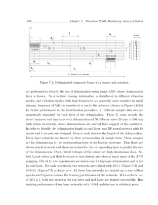 258                                             Chapter 7. Structural Health Monitoring: Inverse Problem

       Y

                                            l                                    w2                                50 mm
                                    d1
                     
                                                                                                                    12
                                                                                                                    11
   ¡       ¡    ¡   ¡




                                                                                              0.15 X 12 = 1.8 mm
                     
   ¡       ¡    ¡   ¡




    
   ¡
            
           ¡
                 
                ¡
                     
                    ¡


                                                                                                                    10
    
   ¡
            
           ¡
                 
                ¡
                     
                    ¡




                           A                                                                                         9
       SENSOR
                                y1
                                                            y
                                                            3
                                                                                          X                          8
                                                                                                                     7
                                                                                  B                                  6
                                                                                                                     5
                                                                          y2   ACTUATOR
                                                                                                                     4
                                                                                                                     3
                                                                                                                     2
                                                                                                                     1
               w1              x3                                    d2
       x1                                         x2
                                            L= 50 mm X 10 = 500 mm



                        Figure 7.1: Delaminated composite beam with sensor and actuator.

are performed to identify the size of delamination using single ANN, where delamination
layer is known. As structural damage information is distributed in diﬀerent vibration
modes, and vibration modes with high frequencies are generally more sensitive to small
damage, frequency of 5kHz is considered to excite the actuator (shown in Figure-3.6(b))
for better performance in the identiﬁcation procedure. 51 diﬀerent sample data sets are
numerically simulated for each layer of the delamination. These 51 cases include the
intact laminate and laminates with delamination of 50 diﬀerent sizes (10 mm to 500 mm
with 10mm increment), where delaminations are started from support of the cantilever.
In order to identify the delamination length at each layer, one BP neural network with 10
inputs and 1 outputs are designed. Output node denotes the length of the delamination.
Every layer networks are trained by their corresponding 51 sample data. These samples
are for delamination in the corresponding layer or for healthy structure. Thus there are
eleven neural networks and these are trained for the corresponding layer to predict the size
of the delamination. Open circuit voltages of the sensor are high dimensional data. So,
ﬁrst 5 peak values and their locations in time history are taken as input space of the ANN
mapping. Out of 11, two experiments are shown- one for top layer delamination and other
for mid layer. For each experiment two networks are trained with 10-5-1 (Figure-7.2) and
10-5-2-1 (Figure-7.3) architectures. All these four networks are trained up to one million
epochs and Figure-7.4 shows the training performance of the networks. With architecture
of 10-5-2-1, both the networks for top layer and mid layer are trained successfully. But
training performance of top layer networks with 10-5-1 architecture is relatively poor.
 
