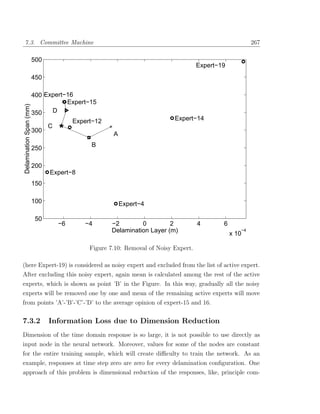 7.3. Committee Machine                                                                                   267

                         500
                                                                                     Expert−19
                         450

                         400 Expert−16
                                    Expert−15
Delamination Span (mm)




                         350   D
                                        Expert−12                          Expert−14
                               C
                         300
                                                     A
                                             B
                         250

                         200
                               Expert−8
                         150

                         100                             Expert−4

                          50
                                   −6      −4       −2        0         2            4       6
                                                    Delamination Layer (m)                          −4
                                                                                                 x 10

                                             Figure 7.10: Removal of Noisy Expert.

(here Expert-19) is considered as noisy expert and excluded from the list of active expert.
After excluding this noisy expert, again mean is calculated among the rest of the active
experts, which is shown as point ’B’ in the Figure. In this way, gradually all the noisy
experts will be removed one by one and mean of the remaining active experts will move
from points ’A’-’B’-’C’-’D’ to the average opinion of expert-15 and 16.

7.3.2                          Information Loss due to Dimension Reduction
Dimension of the time domain response is so large, it is not possible to use directly as
input node in the neural network. Moreover, values for some of the nodes are constant
for the entire training sample, which will create diﬃculty to train the network. As an
example, responses at time step zero are zero for every delamination conﬁguration. One
approach of this problem is dimensional reduction of the responses, like, principle com-
 