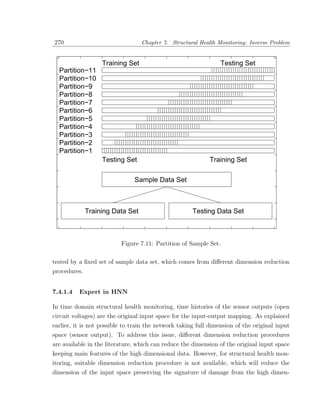 270                                    Chapter 7. Structural Health Monitoring: Inverse Problem

10




                        Training Set                                 Testing Set
 9
         Partition−11
         Partition−10
 8
         Partition−9
         Partition−8
 7
         Partition−7
         Partition−6
 6
         Partition−5
         Partition−4
 5
         Partition−3
         Partition−2
 4
         Partition−1
                        Testing Set                              Training Set
 3




                                   Sample Data Set
 2




 1




                   Training Data Set                        Testing Data Set
 0




     0         1        2      3        4       5       6        7      8        9       10




                              Figure 7.11: Partition of Sample Set.

tested by a ﬁxed set of sample data set, which comes from diﬀerent dimension reduction
procedures.


7.4.1.4        Expert in HNN

In time domain structural health monitoring, time histories of the sensor outputs (open
circuit voltages) are the original input space for the input-output mapping. As explained
earlier, it is not possible to train the network taking full dimension of the original input
space (sensor output). To address this issue, diﬀerent dimension reduction procedures
are available in the literature, which can reduce the dimension of the original input space
keeping main features of the high dimensional data. However, for structural health mon-
itoring, suitable dimension reduction procedure is not available, which will reduce the
dimension of the input space preserving the signature of damage from the high dimen-
 