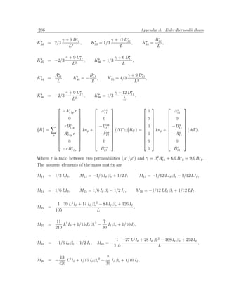 286                                                                  Appendix A. Euler-Bernoulli Beam

                 γ + 9 D11                       γ + 12 D11                       B11
K26 = 2/3                  ,      K33 = 1/3                 ,         K34 =           ,
                    L2                               L                             L

                    γ + 9 D11                        γ + 6 D11
K35 = −2/3                    ,     K36 = 1/3                  ,
                       L2                                L

            A11                   B11                       γ + 9 D11
K44 =           ,       K46 = −       ,         K55 = 4/3             ,
             L                     L                           L3

                    γ + 9 D11                        γ + 12 D11
K56 = −2/3                    ,     K66 = 1/3                   .
                       L2                                L

                                                                                             
                 −Ae r
                   11p                    Aα
                                           11                             0                   Aα
                                                                                               11
                                                                                             
                 0            0                                      0         0             
                                                                                             
                  e              α                                                α          
              rB11p           −B11                                   0         −B11          
{R} =                  Inp +                   (∆T ); {RU } =           Inp +                 (∆T ).
              Ae r            −Aα                                    0         −Aα           
        p       11p              11                                               11         
                                                                                             
                 0            0                                        
                                                                          0         0             
                                                                                              
                     e             α                                                    α
               −rB11p             B11                                     0           B11

Where r is ratio between two permeabilities (µσ /µ ) and γ = βe A11 + 6βe B11 = 9βe B11 .
                                                              2

The nonzero elements of the mass matrix are

M11 = 1/3 LI0 ,            M12 = −1/6 I0 βe + 1/2 I1 ,              M13 = −1/12 LI0 βe − 1/12 LI1 ,


M14 = 1/6 LI0 ,            M15 = 1/6 I0 βe − 1/2 I1 ,              M16 = −1/12 LI0 βe + 1/12 LI1 ,


             1 39 L2 I0 + 14 I0 βe 2 − 84 I1 βe + 126 I2
M22 =                                                    ,
            105                     L

             11 2                      7
M23 =           L I0 + 1/15 I0 βe 2 −    I1 βe + 1/10 I2 ,
            210                       30

                                                1 −27 L2 I0 + 28 I0 βe 2 − 168 I1 βe + 252 I2
M24 = −1/6 I0 βe + 1/2 I1 ,           M25   =−                                                ,
                                               210                     L

              13 2                      7
M26 = −           L I0 + 1/15 I0 βe 2 −    I1 βe + 1/10 I2 ,
              420                       30
 