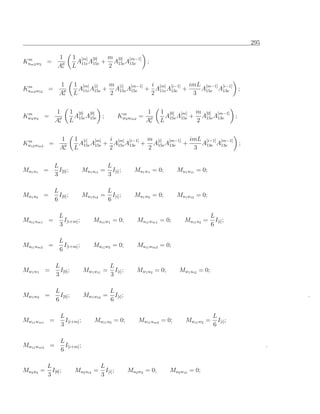 295

 m              1         1 [m] [0]    m [0] [m−1]
Kum2 w2 =                   A11e A15e + A15e A15e  ;
                Aµ        L            2


 m               1        1 [m] [i]    m [i] [m−1] i [m] [i−1] imL [m−1] [i−1]
Kum2 wi2 =                  A11e A15e + A15e A15e + A11e A13e +   A15e A13e ;
                 Aµ       L            2           2            3


 m             1         1 [0] [0]                m          1       1 [0] [m] m [0] [m−1]
Kw2 w2 =                  A A      ;             Kw2 wm2 =            A A + A15e A13e      ;
               Aµ        L 15e 15e                           Aµ      L 15e 15e 2


 m               1        1 [i] [m] i [m] [i−1] m [i] [m−1] imL [i−1] [m−1]
Kwi2 wm2 =                 A A + A A           + A15e A13e +   A13e A13e    ;
                 Aµ       L 15e 15e 2 15e 13e   2            3

              L                            L
Mu1 u1 =        I[0] ;         Mu1 ui1 =     I[i] ;      Mu1 w1 = 0;       Mu1 wi1 = 0;
              3                            3

              L                            L
Mu1 u2 =        I[0] ;         Mu1 ui2 =     I[i] ;      Mu1 w2 = 0;       Mu1 wi2 = 0;
              6                            6

                 L                                                                        L
Mui1 um1 =         I[i+m] ;        Mui1 w1 = 0;           Mui1 wm1 = 0;      Mui1 u2 =      I[i] ;
                 3                                                                        6

                 L
Mui1 um2 =         I[i+m] ;        Mui1 w2 = 0;           Mui1 wm2 = 0;
                 6

               L                            L
Mw1 w1 =         I[0] ;        Mw1 wi1 =      I[i] ;      Mw1 u2 = 0;      Mw1 ui2 = 0;
               3                            3

               L                            L
Mw1 w2 =         I[0] ;        Mw1 wi2 =      I[i] ;                                                            .
               6                            6

                  L                                                                        L
Mwi1 wm1 =          I[i+m] ;       Mwi1 u2 = 0;            Mwi1 um2 = 0;      Mwi1 w2 =      I[i] ;
                  3                                                                        6

                  L
Mwi1 wm2 =          I[i+m] ;                                                                                .
                  6

           L                          L
Mu2 u2 =     I[0] ;       Mu2 ui2 =     I[i] ;         Mu2 w2 = 0;      Mu2 wi2 = 0;
           3                          3
 